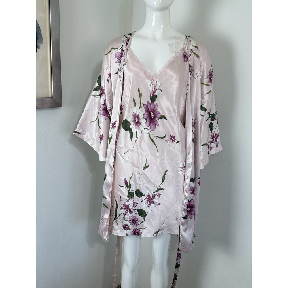 Vintage 90s Angelique Floral Pink Robe and Slip Dress Set Lingerie Nightgown L